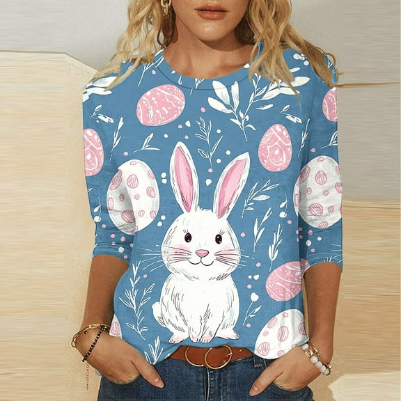 UPPADA Easter Shirts for Women 3/4 Sleeve Crew Neck Tops Cute Eggs Bunny Print T-Shirt Casual Loose Fit Basic Tees Summer Workout T-Shirts Navy,L