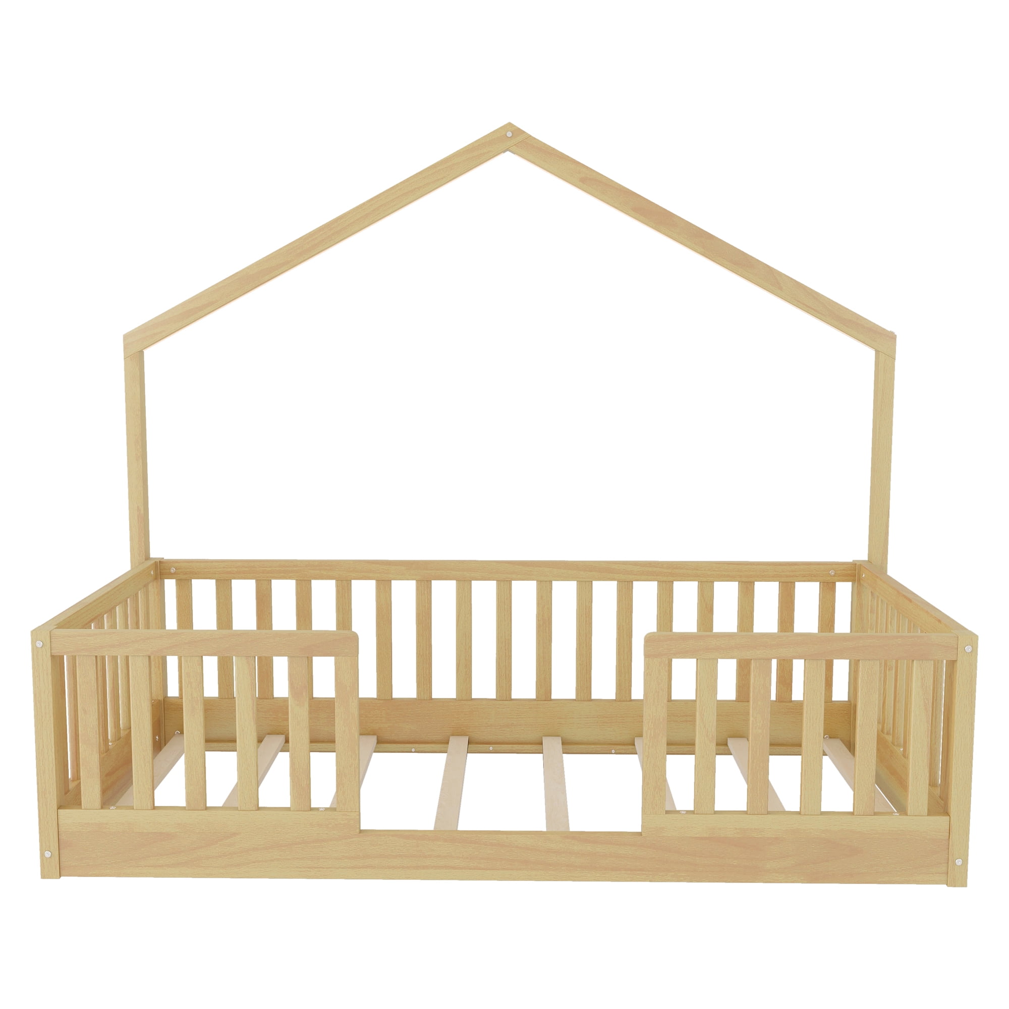 Mirightone Twin Floor Bed Frame with LED Light & High Guardrail, Pine Wood Montessori Bed Twin Size House Floor Bed, Slats Included (Natural)