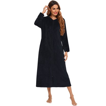 

Zipper Pajamas for Women Sleepwear Long Sleeve Nightgown Black-XL