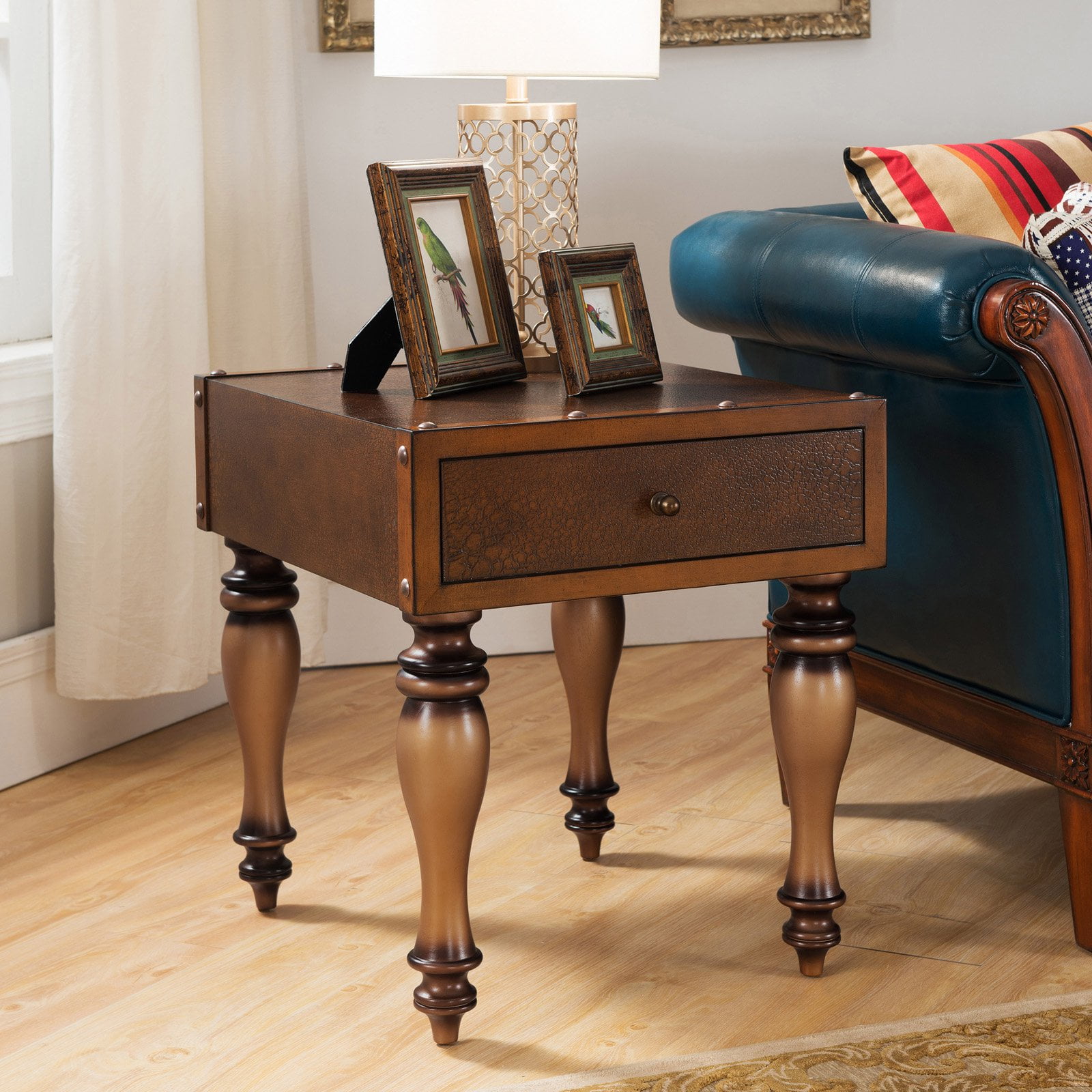 Leick Home Leather Look Drawer Trunk End Table with Rivet Details and