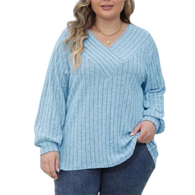 SUNSIOM Women's Plus Size Knitted Pullover Tops Ribbed Long Sleeve Wrap V-Neck Jumper Fall Winter Tops