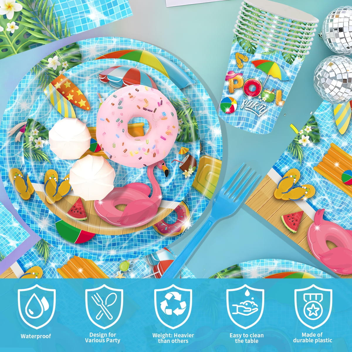 Summer Party Paper Plates Pool Party Tableware Set for Beach Hawaiian Party Favor Supplies Serve 16 Guests