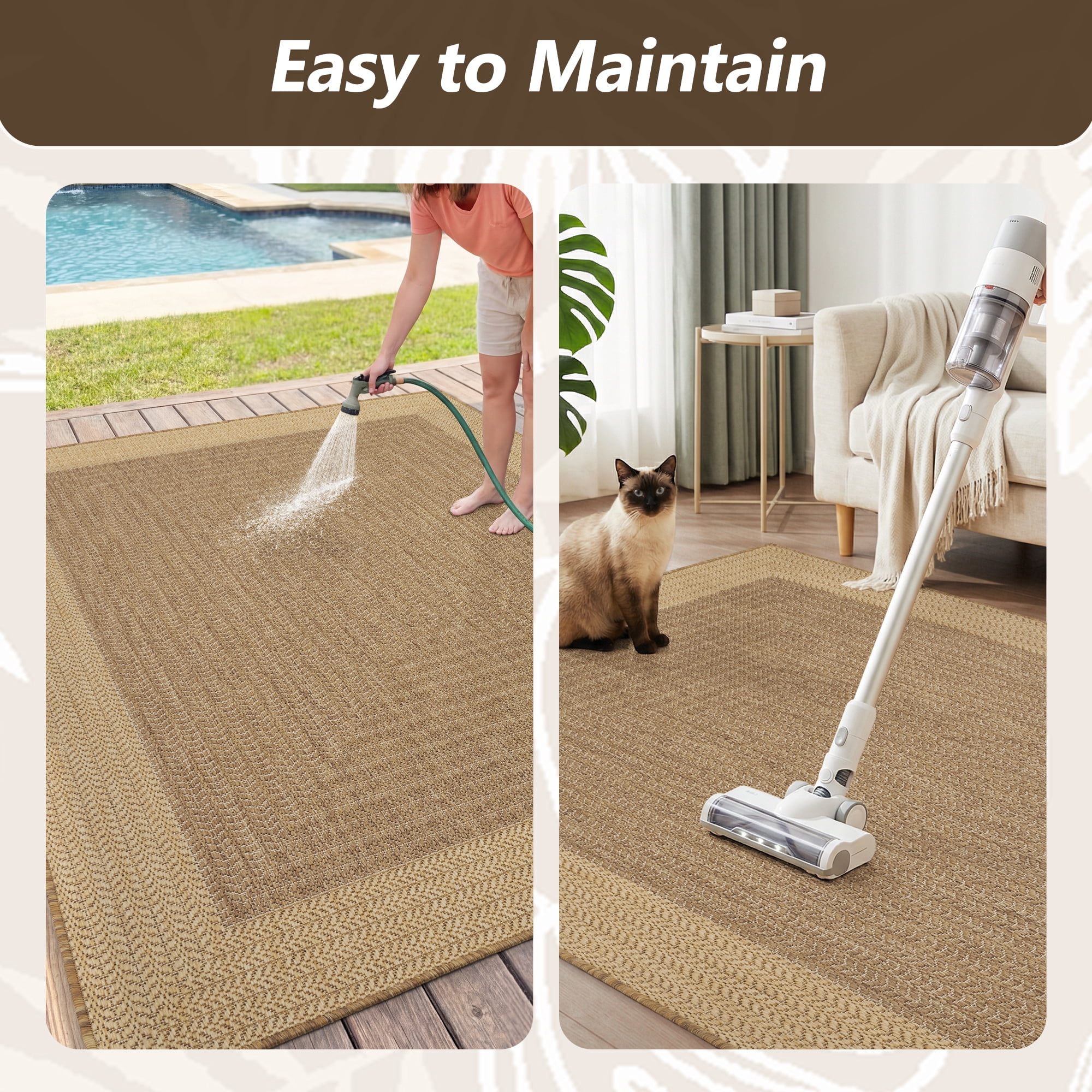 SIXHOME Outdoor Rugs 8'x10' Patio Rug Geometric Bordered Indoor Outdoor Rugs Polypropylene Washable Non Shedding, Easy Clean, Waterproof, Durable Outdoor Carpet for Porch Balcony Deck Neutral Brown