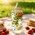 thumbnail image 5 of nTRIUQJ Halloween Gifts Cute Basket Stuffers for Women, Teens, Kids - Halloween Pumpkin Cups 16oz Glass Tumbler w/Lid and Straw - Trick or Treat Party Favors Fall Decor White4, 5 of 7