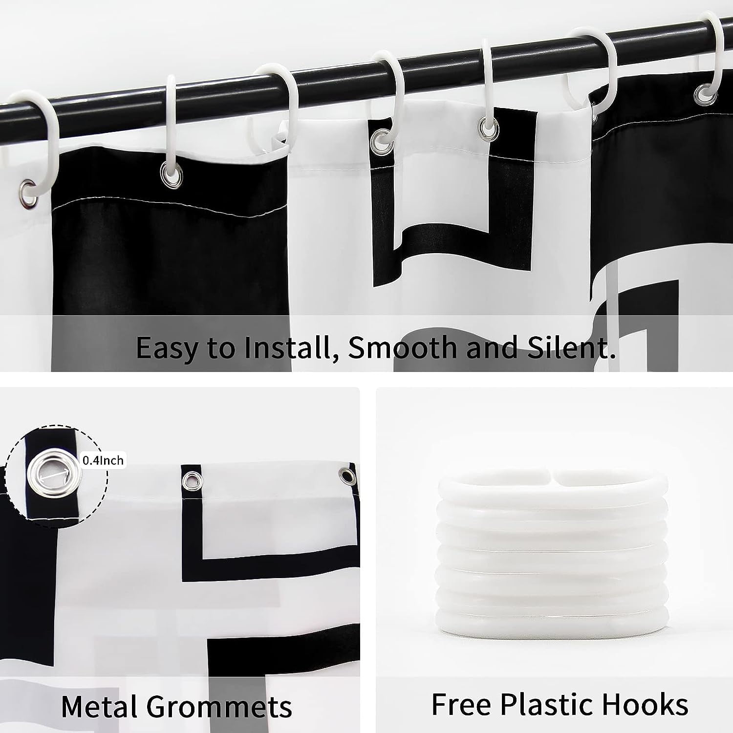 Extra Long Shower Curtain 72 x 84, Tall Grey Black and White Shower Curtain for Bathroom, Mid Century Modern Abstract Geometric Waterproof Fabric Shower Curtain Set with Hooks