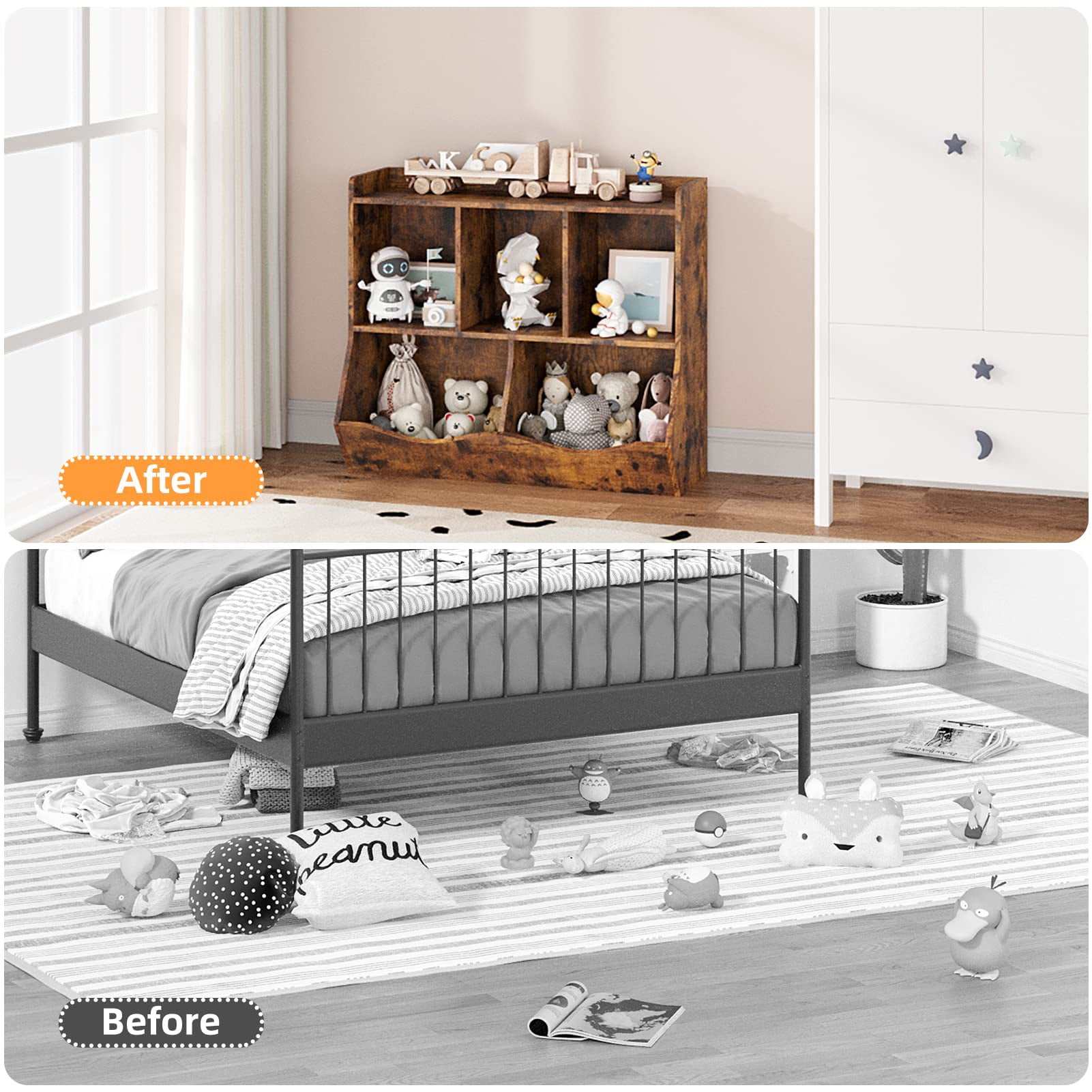 Kids Toy Storage with Bookshelves, Multifunctional Toy Storage Organizer, Toys Box with 5 Storage Compartments, Kids Bookcases Cabinets for Playroom, Bedroom, Nursery, Preschool