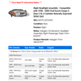 thumbnail image 2 of Right Headlight Assembly - Compatible with 1998 - 2003 Ford Escort Coupe 2-Door 2.0L 4-Cylinder Naturally Aspirated DOHC GAS 1999 2000 2001 2002, 2 of 2