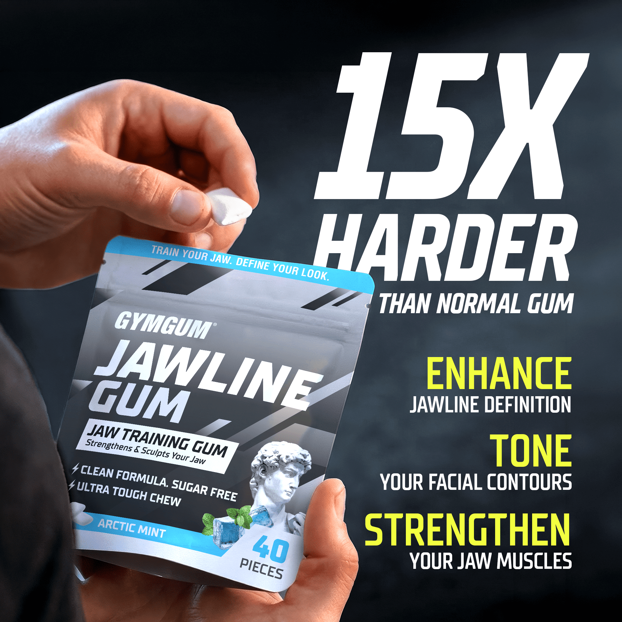 GYMGUM Jawline Ultra Hard Chewing Gum | No Calories, No Sugar, No Artificial Sweeteners | Keto Friendly Mewing Gum for Jaw Training & Exerciser (40 Count (pack of 3), Arctic Mint)