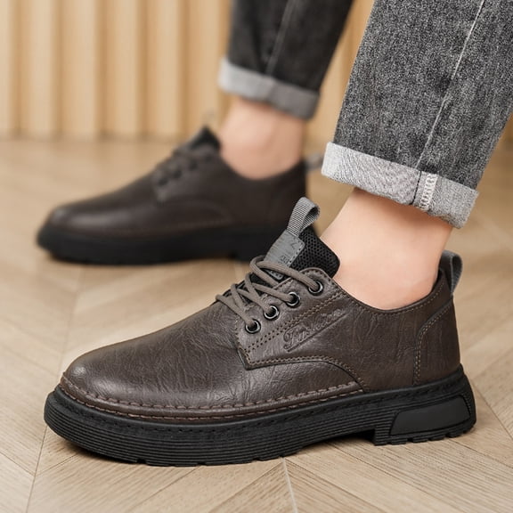 TIREOW Men's Vintage Leather Lace Up Soft Rubber Sole Non-Slip Platform Round Toe Oxfords Shoes Waterproof Business Footwear Formal Derby Dress Shoes