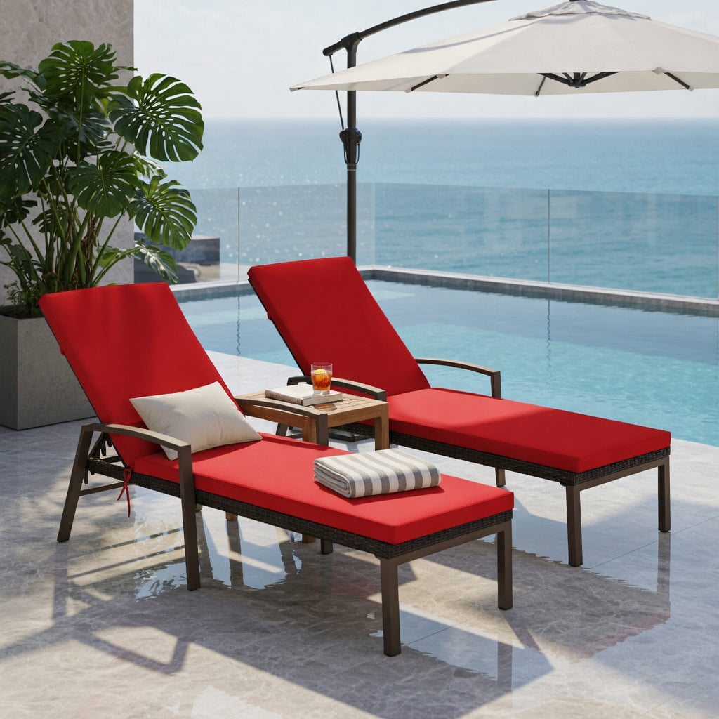 Hommoo 2-Pack Adjustable Outdoor Lounge Chairs with Removable Cushions, Steel Frame, PE Rattan, Weather-Resistant Patio Seating, Red