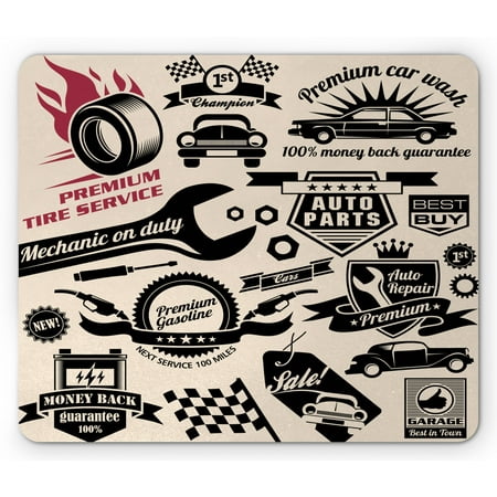 Retro Mouse Pad, Car Repair Shop Logos Monochrome Car Silhouettes Best Garage in Town, Rectangle Non-Slip Rubber Mousepad, Beige Dark Coral Black, by (Best Car Garages In The World)
