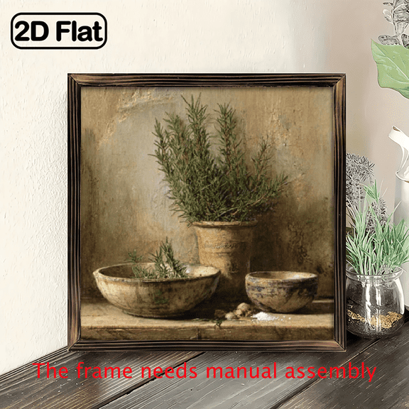 1pc Vintage Rustic Herb Still Life Wall Art with Rosemary & Terracotta Pots, 8x8'' Wooden Framed, Wall Decor for Home, Office, Bedroom, Living Room, Kitchen, Bar, Restaurant, Room