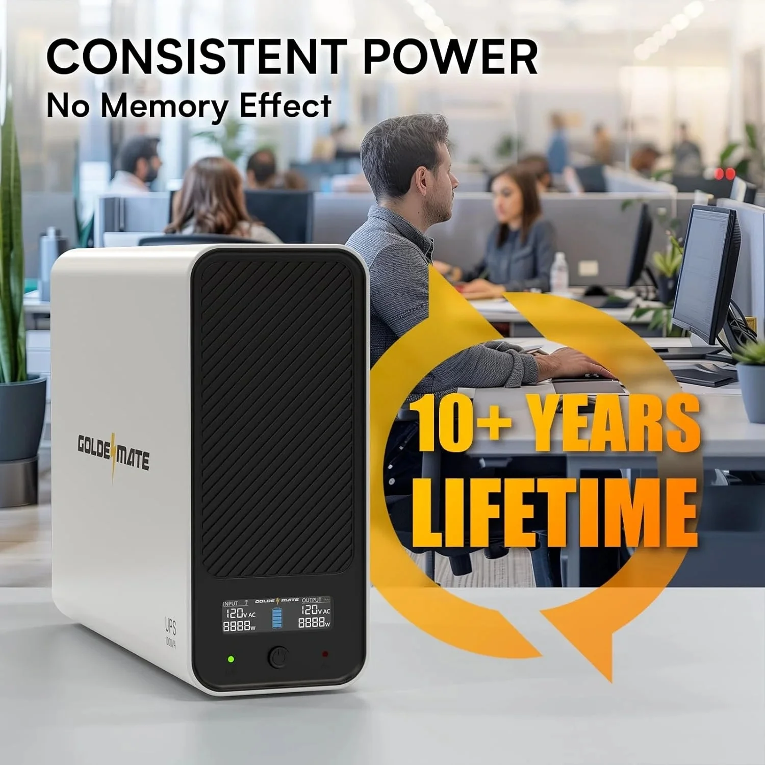 GOLDENMATE 1000VA/600W Lithium UPS Battery Backup & Surge Protector, 153.6Wh LiFePO4 Battery, Sine Wave, 10-Year Lifespan, 8 Outlets, LCD Display