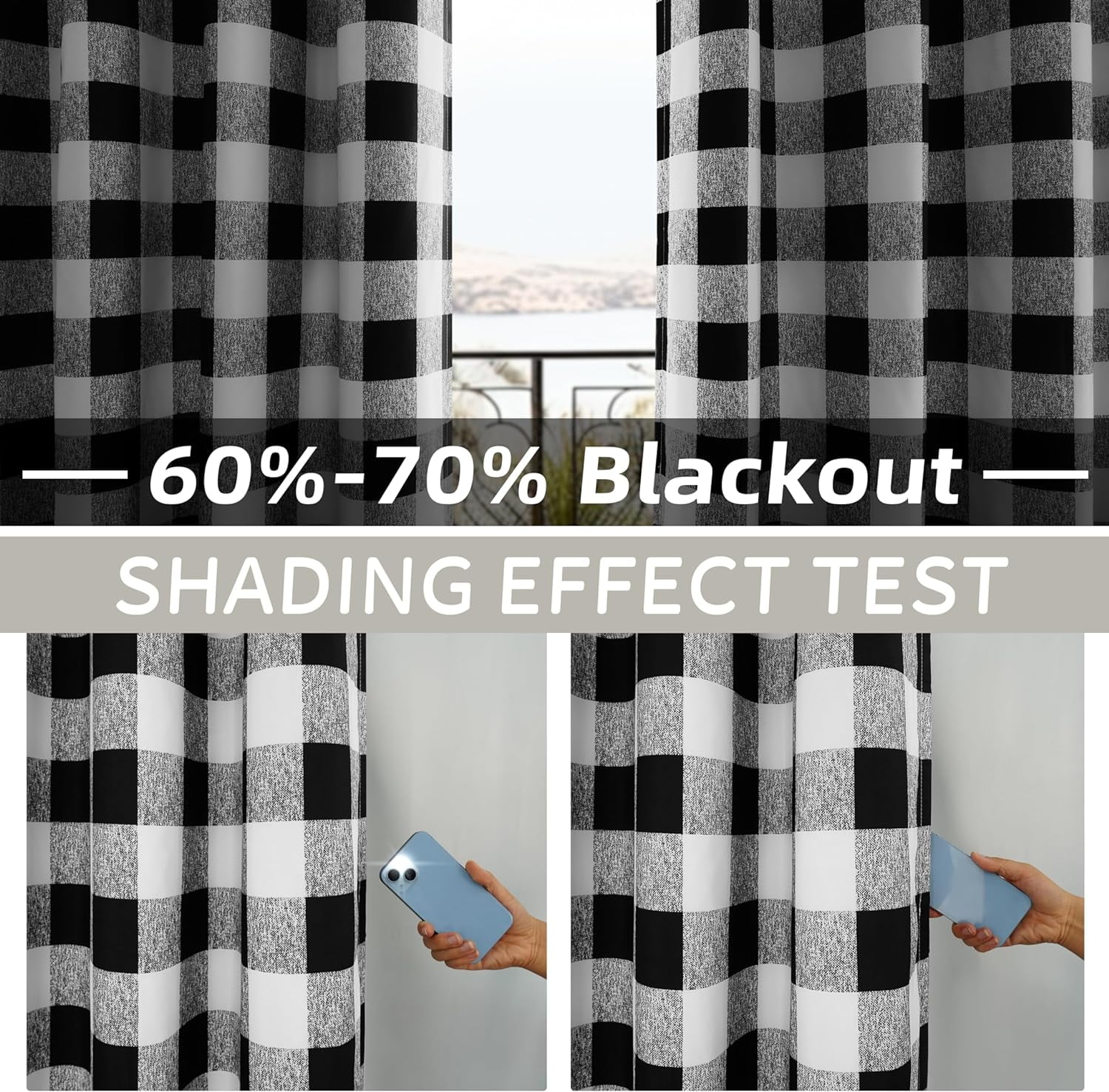 DriftAway Buffalo Checker Pattern Lined Blackout Grommet Window Curtains Printed Plaid 2 Layer Set of 2 Panels 52 Inch by 84 Inch Black