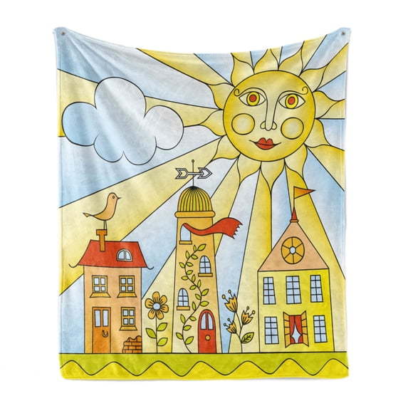 Garden Soft Flannel Fleece Throw Blanket, Childlike Drawing of City Under Smiling Sun Cartoon Houses Garden Cloud Nursery, Cozy Plush for Indoor and Outdoor Use, 70" x 90", Multicolor, by Ambesonne