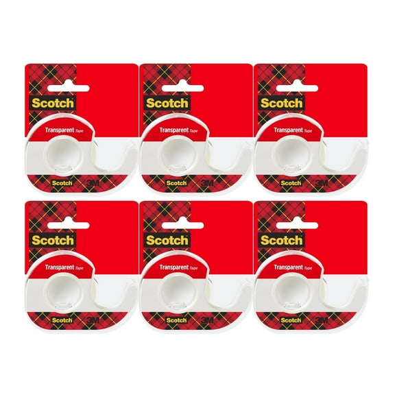 Scotch Transparent Tape Value Pack, 1/2 inch x 450 inch Rolls, Clear Glossy Finish, 6 Rolls with Dispensers Non-Yellowing Multi-Purpose Tape