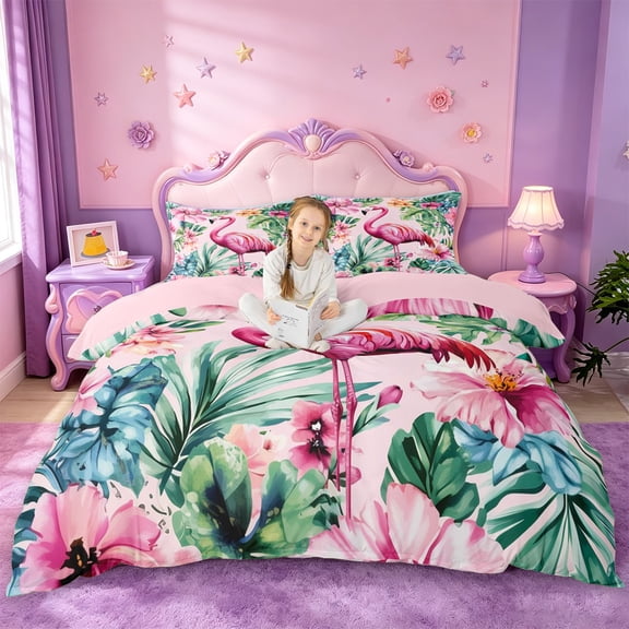 jejeloiu Soft Flamingo Flowers Duvet Cover Set Kids,Tropical Botanical Leaves Bedding Full For Girls,Reversible,3 Pieces(No Comforter)
