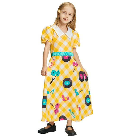 Girls Halloween 60s 70s Costume, Disco Plaid Record Music Note Printed Dress, Puff Sleeves Colorful Long Skirt for Kids Cosplay Yellow 3-4 Years