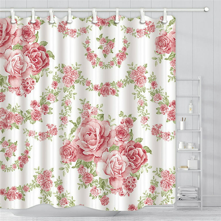 Riyidecor Fabric Pink Flower Shower Curtain for Bathroom 72Wx72H inch Rose Floral Blooming Green Leaves for Girl Women Bathtub Accessories Decor