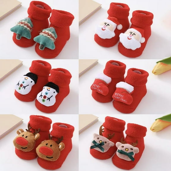 Baozhu 6 Pairs Baby Anti Slip Christmas Socks Slipper Socks with Grippers Warm Non-skid Toddler Socks for 0-1 Years Boys Girls