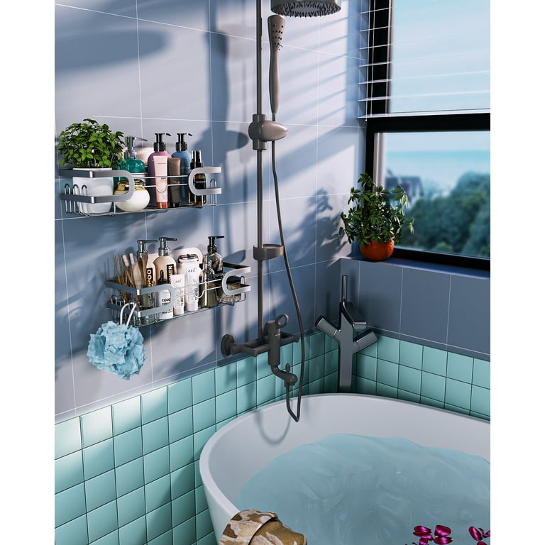 12 chrome shower caddy with 2 hooks and includes the nie wieder