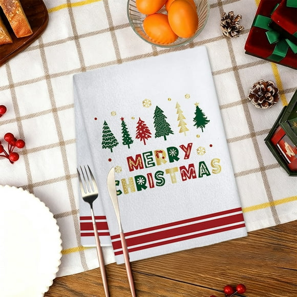 PEONAVET Polyester Towels Christmas Kitchen Towels Christmas Tree Print Hanging Hand Bath Microfiber Towel for Bathroom Home Tea Bar Kitchen