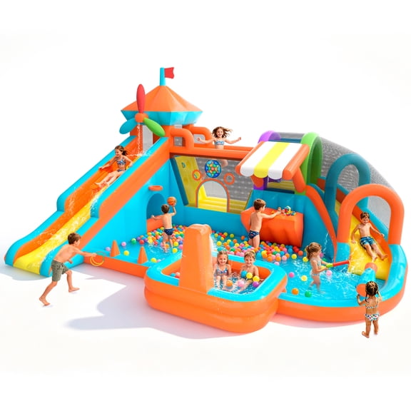 Letsgokid 17.5×13 FT 12 in 1 Water Bounce House for Kids with Double Slide, 750W Blower, Toy Stand, Jumping, Climbing Wall, Water Gun, Splash Pool, Tunnel, Basketball, Indoor, Outdoor, Orange