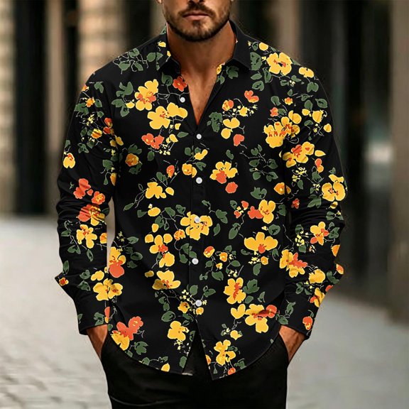 Gamivast Floral Shirt for Men Button Down Long Sleeve Collared Regular Fit Printed Casual Shirt for Vacation Party Date Night Travel and Everyday Wear Black XXL