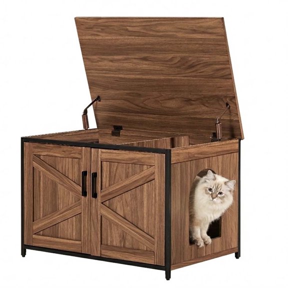 Unipaws Cat Litter Box Enclosure with Top Opening, Cat Washroom Storage Bench for Large Cat, High Jumbo Litter Box, Walnut