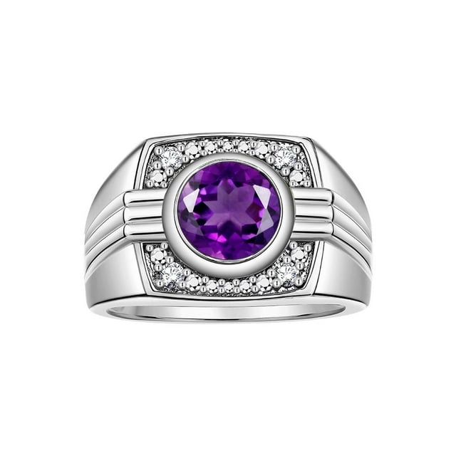RYLOS Mens Rings Sterling Silver Designer Round Gemstone & Sparkling Diamond Ring Amethyst February Birthstone Rings For Men, Men's Rings, Silver Rings, Sizes 8 - 13