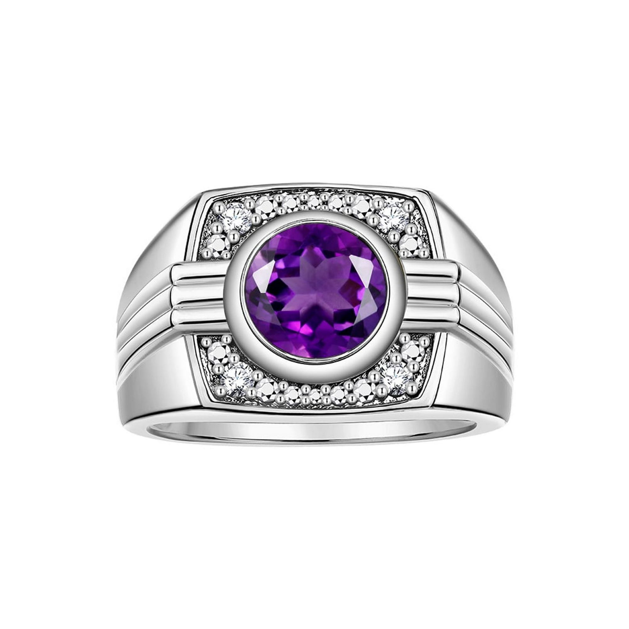 RYLOS Mens Rings Sterling Silver Designer Round Gemstone & Sparkling Diamond Ring Amethyst February Birthstone Rings For Men, Men's Rings, Silver Rings, Sizes 8 - 13