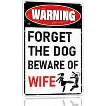 Man Cave Signs - 12 × 8 Inch Funny Metal Signage with "WARNING - FORGET THE DOG BEWARE OF WIFE" - Vintage Tin Signs for Man Cave Garage Pub Home Bar Décor Gifts