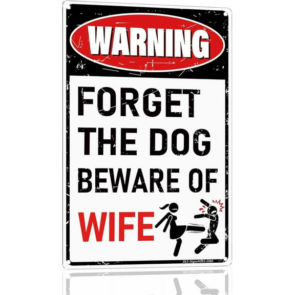 Man Cave Signs - 12 × 8 Inch Funny Metal Signage with "WARNING - FORGET THE DOG BEWARE OF WIFE" - Vintage Tin Signs for Man Cave Garage Pub Home Bar Décor Gifts