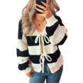 thumbnail image 1 of Chaqueta de Punto Holgada Informal con Cuello en V y Larga para Mujer, Cárdigan de Punto con Cordones y Rayas en Contraste. Negro L, 1 of 9