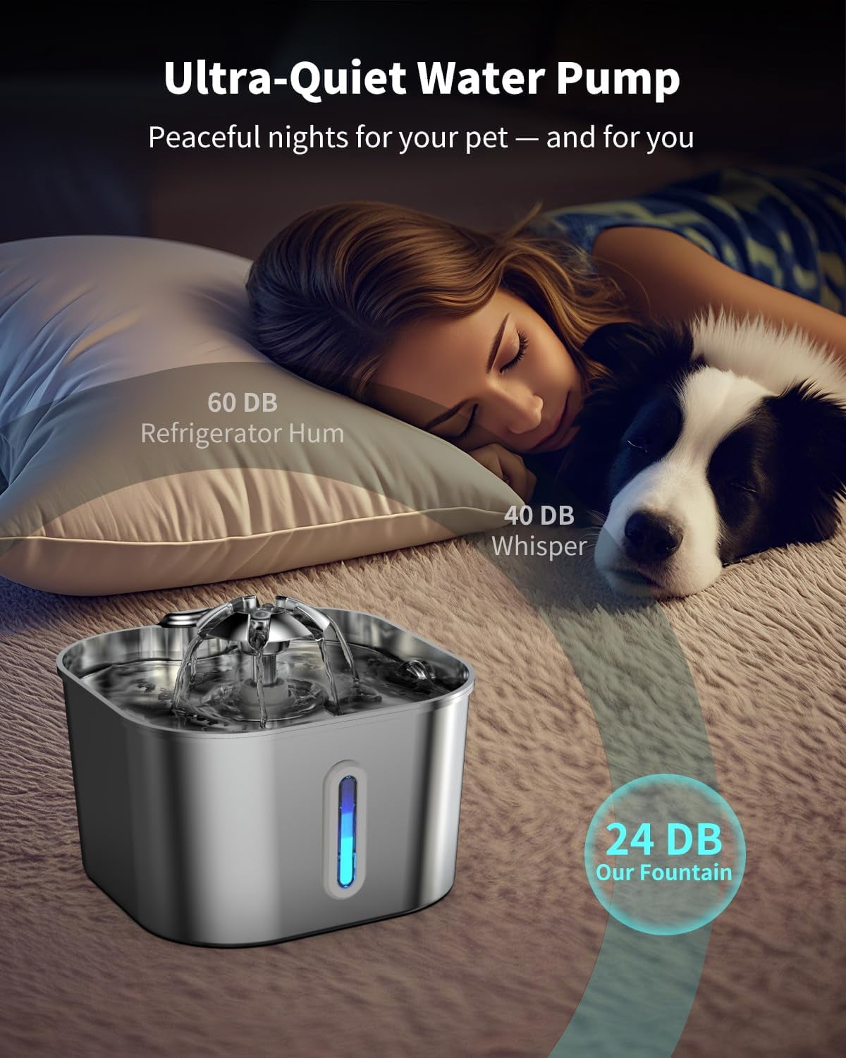 Automatic Quiet Pump Stainless Steel Pet Fountain with Filters and Sponges, 2.2L Capacity for Multi-Cat and Dog Homes