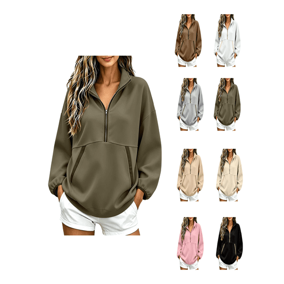 Zynoxe Women's Pullover Sweatshirt Classic Stand Collar Half Zip Sweatshirt for Women Relaxed Drop Shoulder Long Sleeve Sweatshirt Fashion Color Block Top with Pockets & Elastic Ribbed Cuffs S