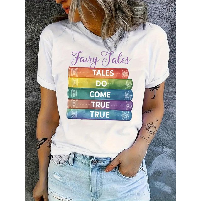 Women's Fashionable Colorful Book & Letter Print T-Shirt - Casual Crew Neck, Short Sleeve, Stretchy Polyester Blend, Machine Washable, Non-See-Through - Perfect for All Seasons