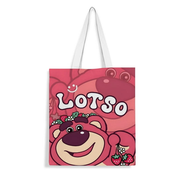 Strawberry bear Lotso Bolso de tela con estampado de lienzo para mujer, bolsa de compras reutilizable y estética, con cremallera interior, regalo para mujer, 35 × 40 cm.