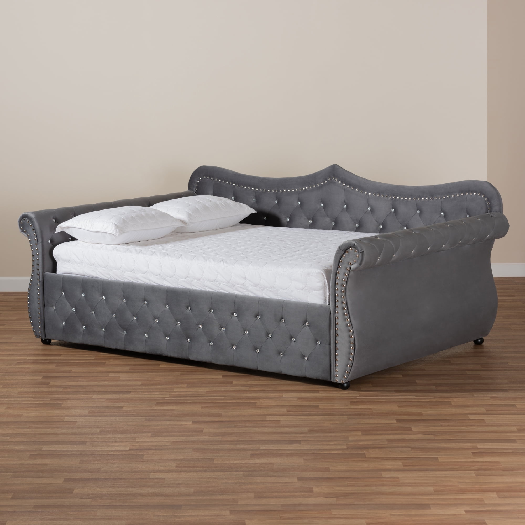 Baxton Studio Abbie Grey Velvet Upholstered and Crystal Tufted Full Daybed