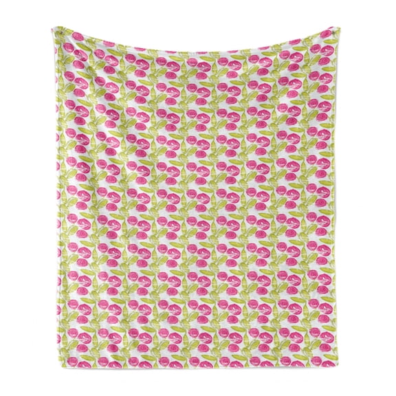 Floral Soft Flannel Fleece Throw Blanket, Artwork of Rough Brush Rose Flowers and Leaves Drawn by Hand, Cozy Plush for Indoor and Outdoor Use, 70" x 90", Hot Pink Avocado Green, by Ambesonne
