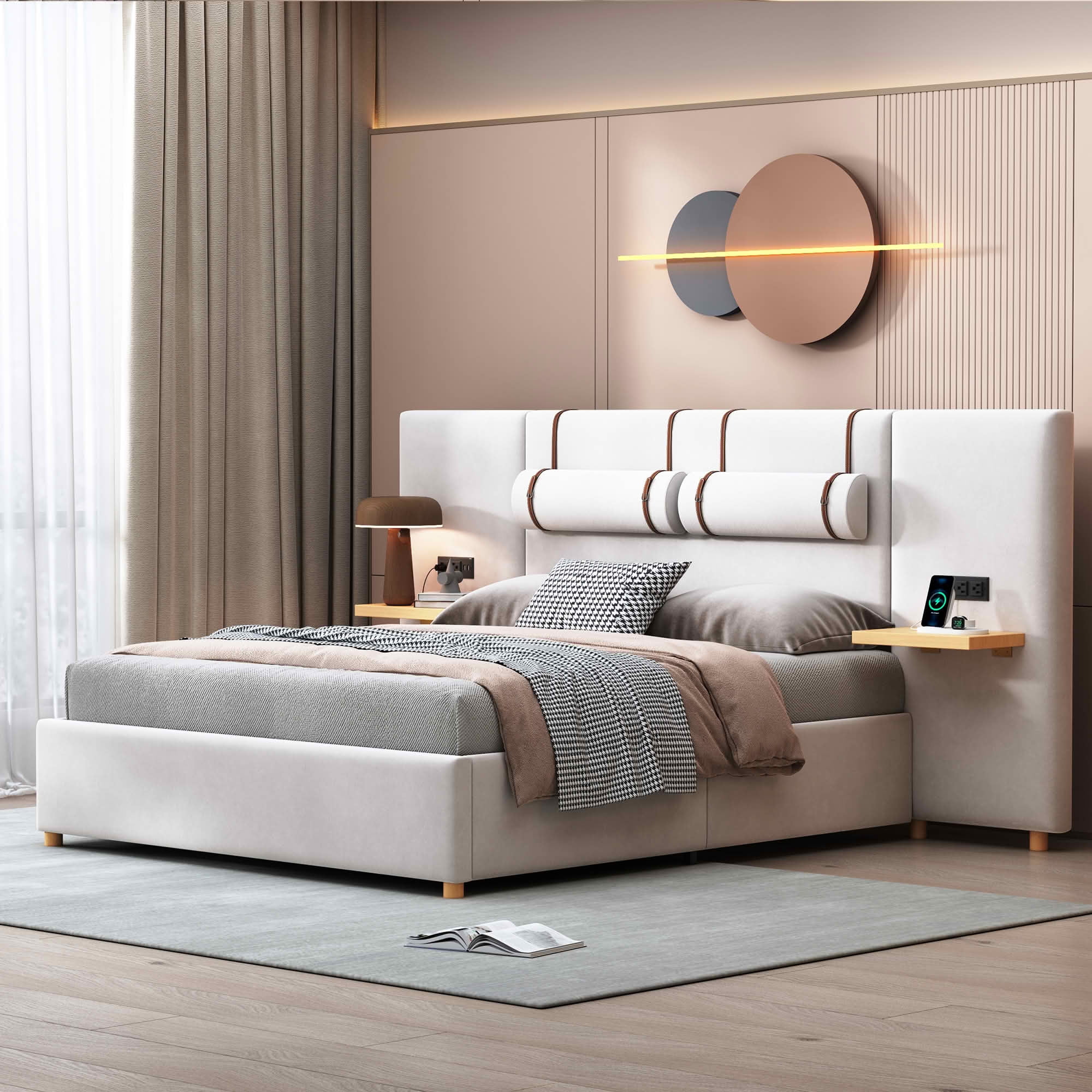 MAYEERTY Queen Size Upholstered Platform Bed, Two Outlets and USB Charging Ports on Both Sides, Two Bedside Pillows, Storage Shelves, Velvet, Beige
