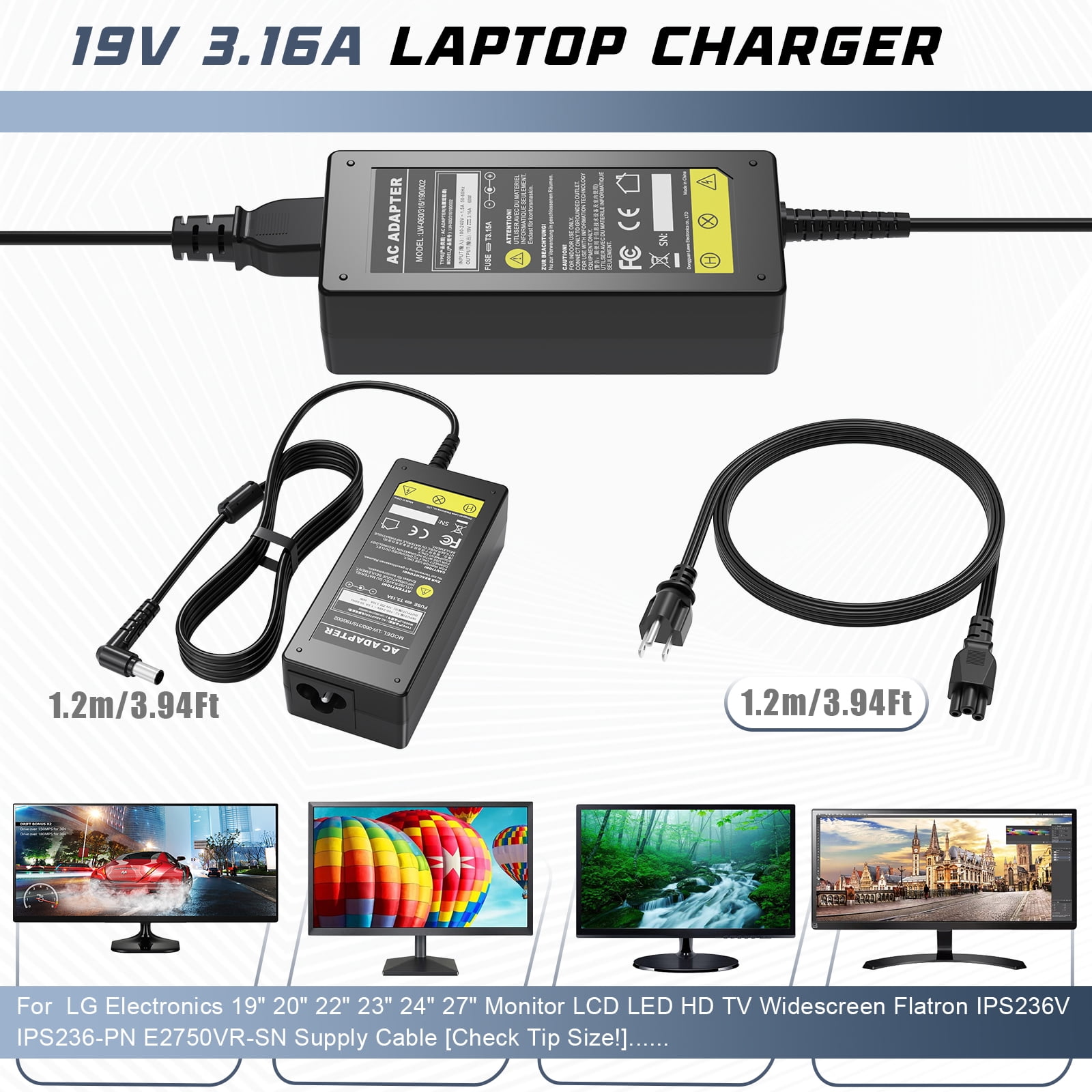 19V Charger for LG Monitor Power Cord - 65W DC Power Supply for LG Electronics Monito 19" 20" 22" 23" 24" 27" 32" 34" LCD LED HD TV Monitor Widescreen Replacement Power Adapter Cord