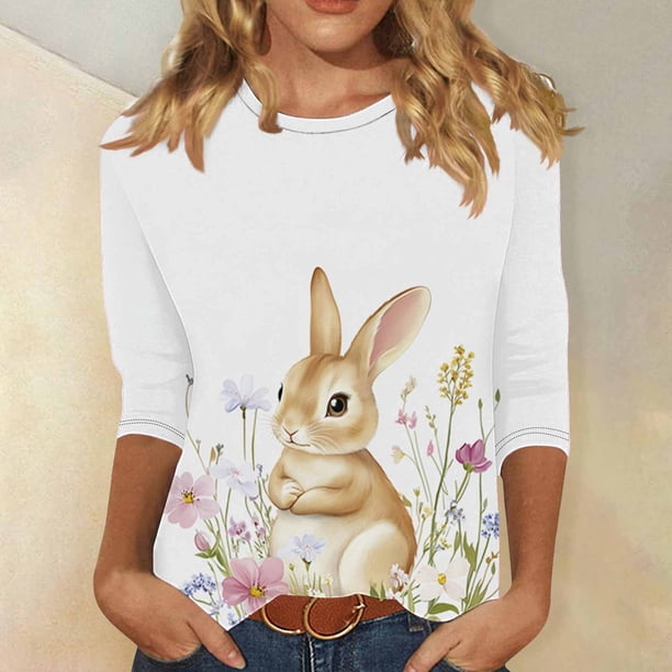 TaTaai Women's Pullover Blouse Round Neck 3/4 Sleeve Easter Print T-Shirt Casual Loose Fit Holiday Spring Festival Everyday Wear Gift