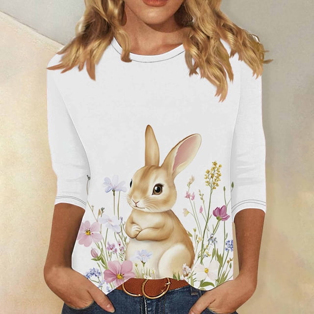 TaTaai Women's Pullover Blouse Round Neck 3/4 Sleeve Easter Print T-Shirt Casual Loose Fit Holiday Spring Festival Everyday Wear Gift