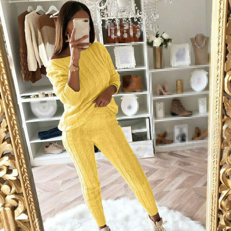 YWDJ Workout Sets for Women Plus Size Womens Solid Color Off Shoulder Long  Sleeve Cable Knitted Warm Two Piece Long Pants Sweater Suit Set Yellow S 