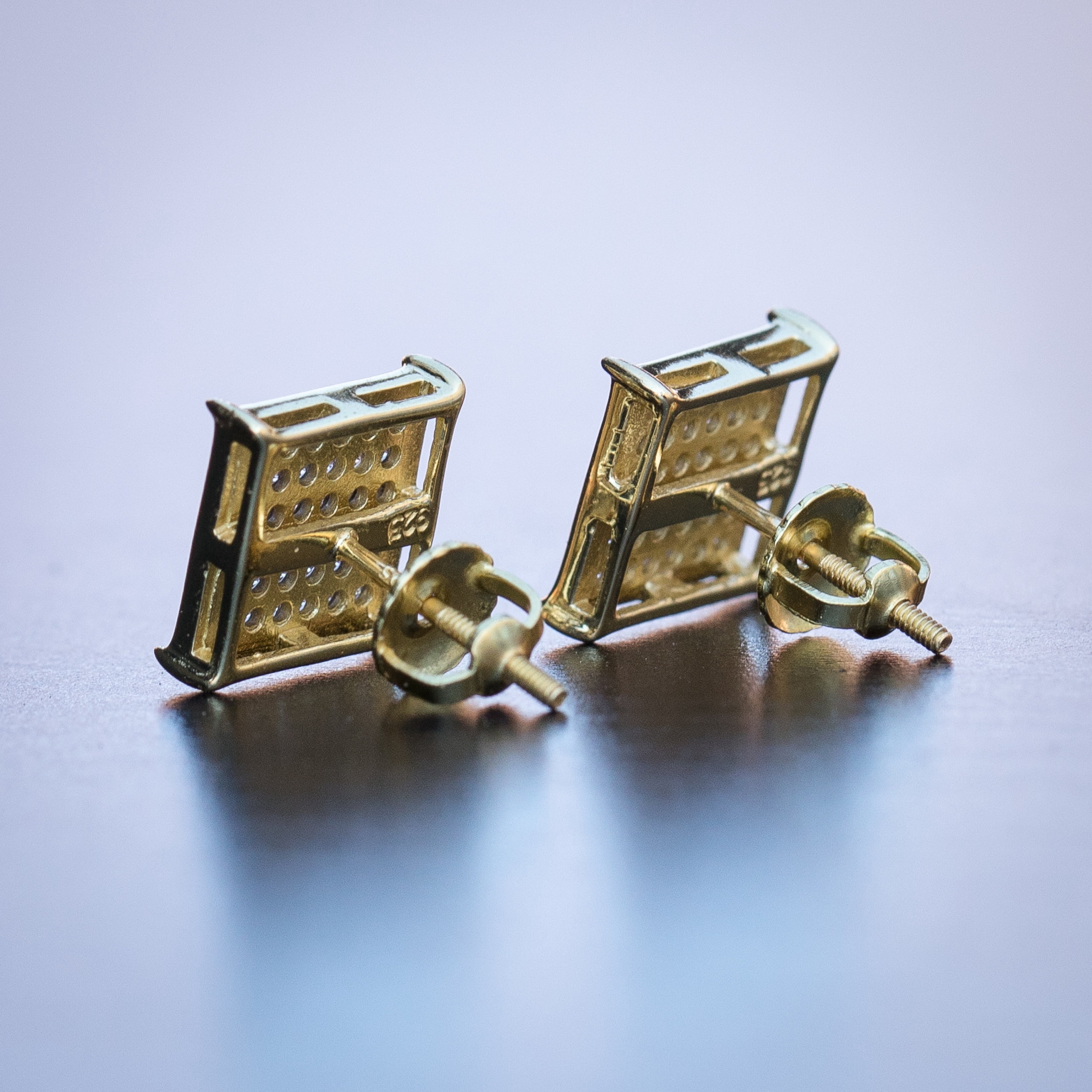 Men's Gold Sterling Silver Cz Micro Pave Flat Screen Square Hip Hop Screw Back Earrings