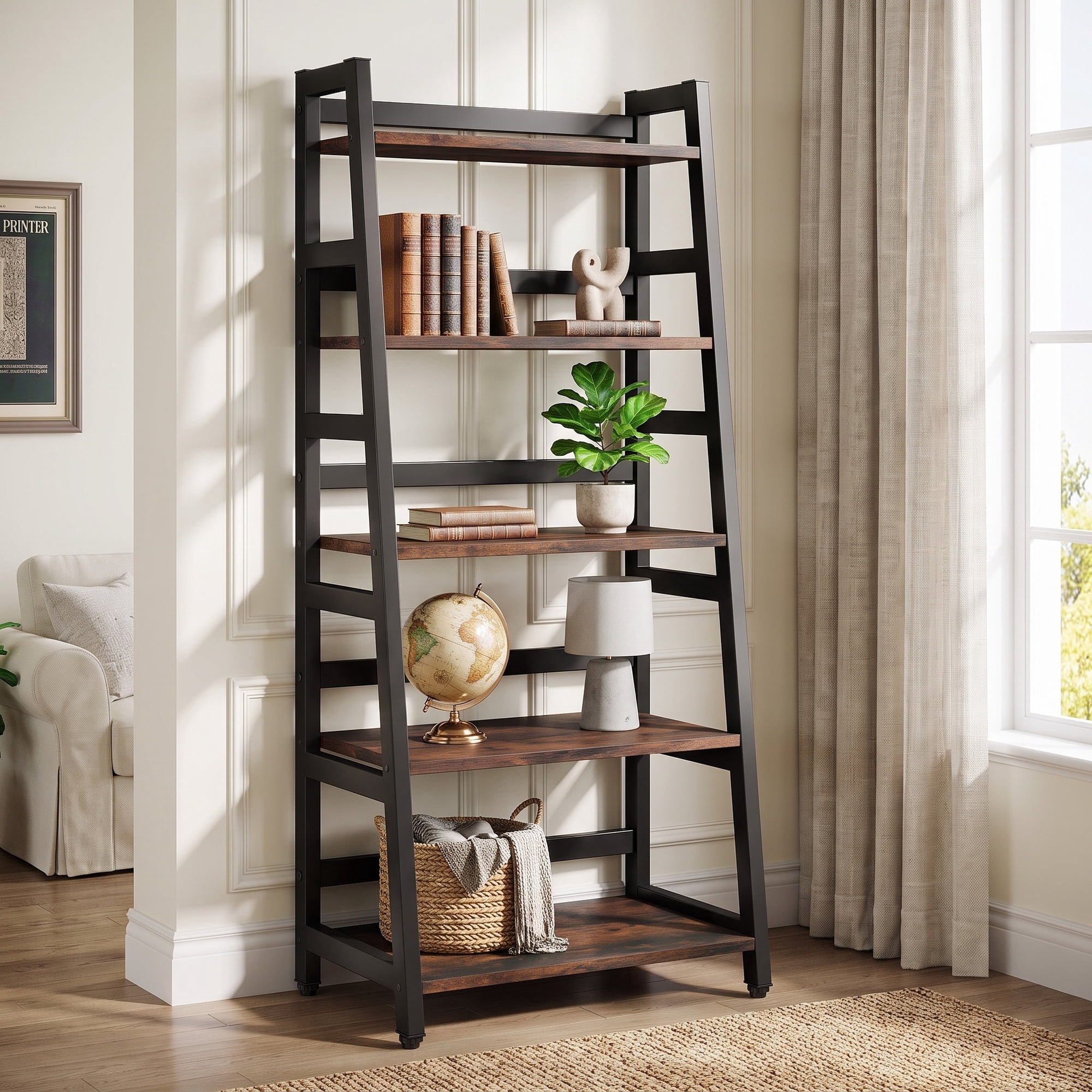 Fnova 5-Tier Industrial Ladder Storage Shelf Unit, Heavy Duty Open Bookcase Display for Living Room Bedroom Home Office Kitchen