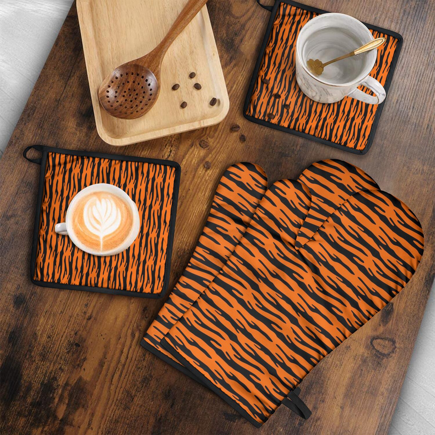 Leopard Print Oven Mitts and Pot Holders Set Of 4, Heat Resistant Kitchen Gloves with Non-Slip Grip, Hanging Loop, Soft Cotton Lining for Baking, Cooking, Grilling, Barbecue