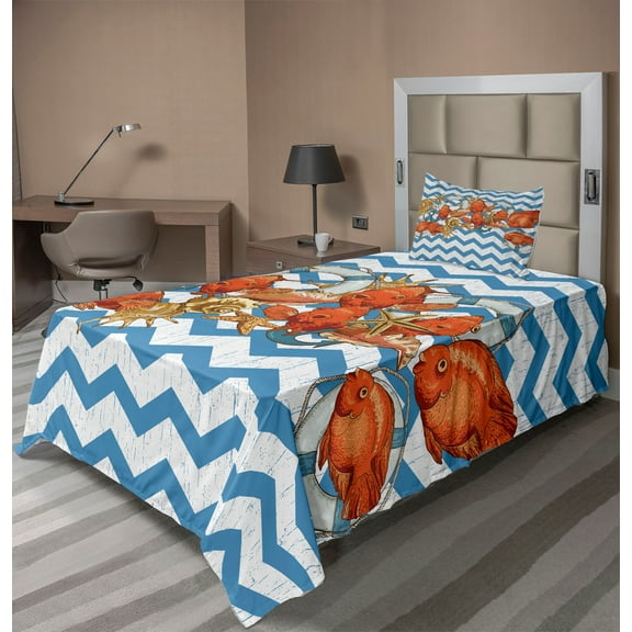 Ambesonne Nautical Fitted & Top Sheet Set with Sham, Fish Shell Ahoy Chevron, Multicolor