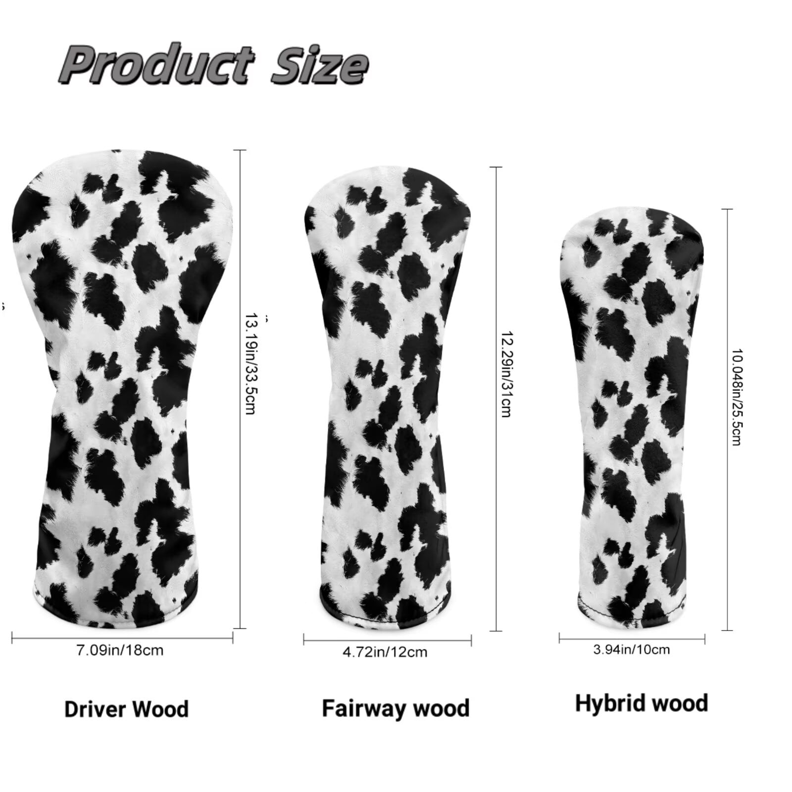 Uorisanigo 3pcs Golf Club Head Covers Headcovers Set Fits Driver Fairway Wood Hybrid Headcover, Durable and Stain Resistant, Essential Golf Accessories(Black and White Cow Print)